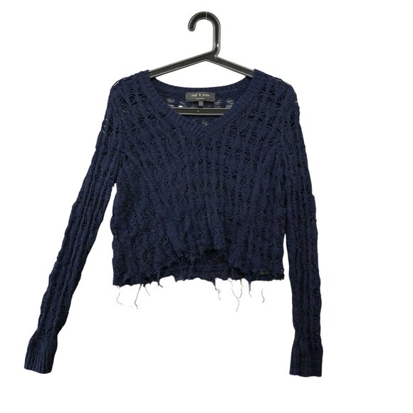 Rag & Bone Open Knit Sweater Womens XS Blue V-Neck Cropped Frayed Raw Hem - Picture 1 of 10